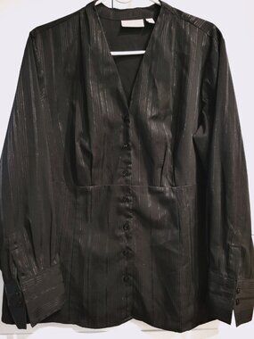 Croft & Barrow Black Striped Shimmer V-Neck Blouse Plus 1X